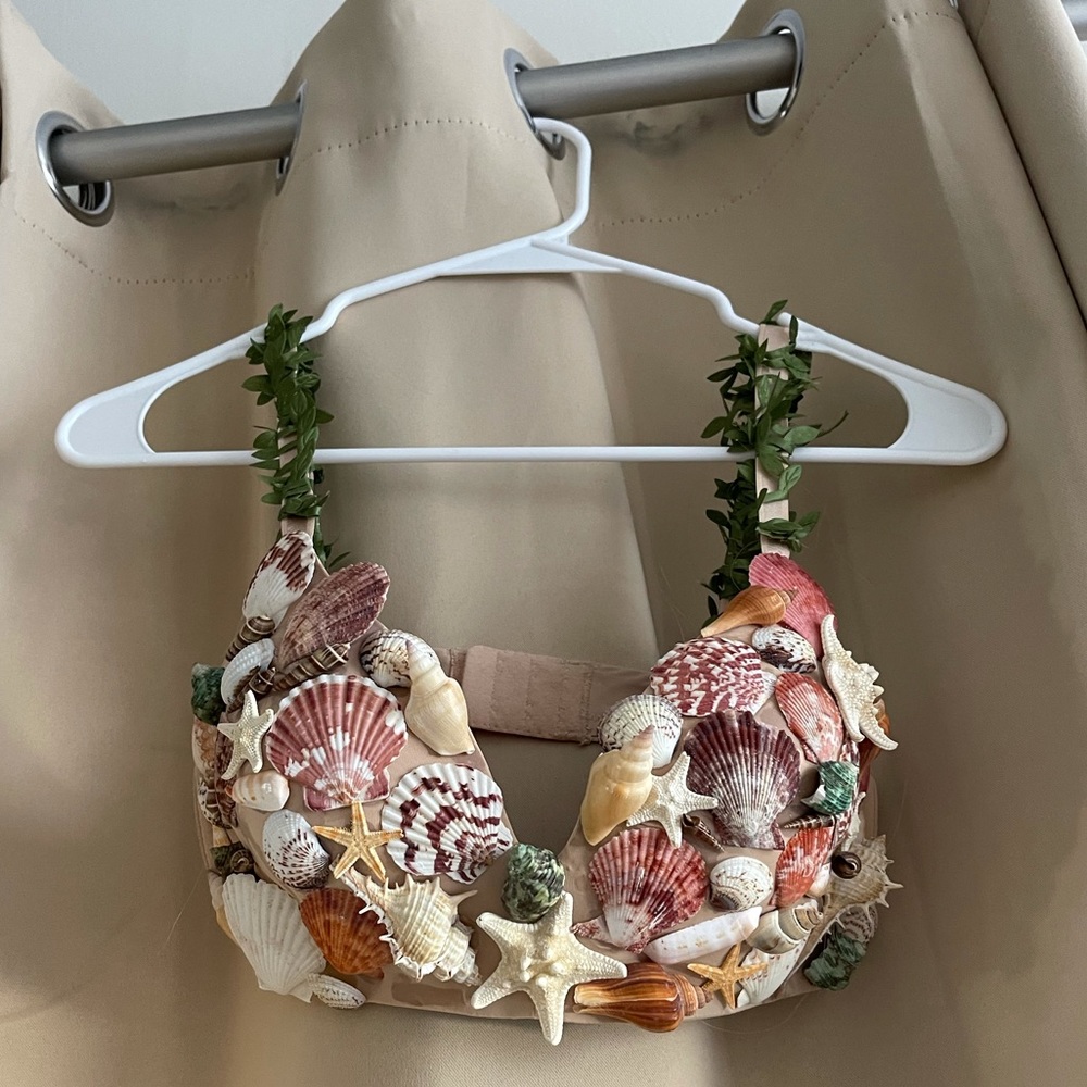 Mermaid bra top with real shells and faux seaweed.